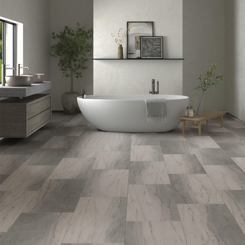 vinyl tile flooring in grey bathroom